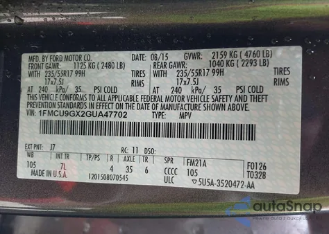 2016 Ford Escape Se from USA, damaged, VIN 1FMCU9GX2GUA47702